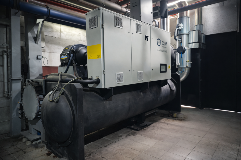 industrial chiller system in mechanical room